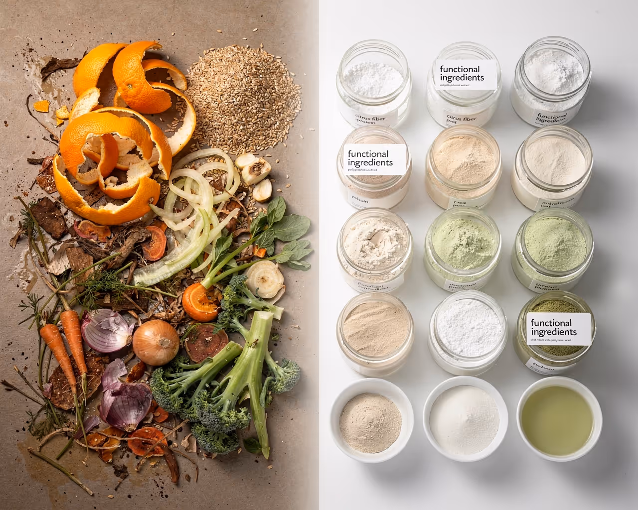 Three green ceramic bowls containing different grain products - yellow millet or corn, beige flour or powder, and brown lentils or small grains - arranged with wheat stalks, representing sustainable ingredient sources for MOA's fermentation processes