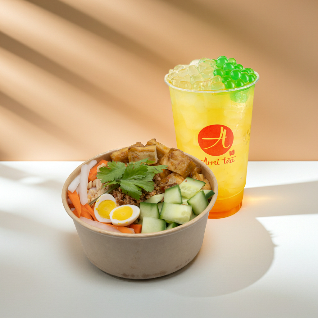 Golden Tofu Veggies Farm Harvest Sticky Rice Bowl Meal