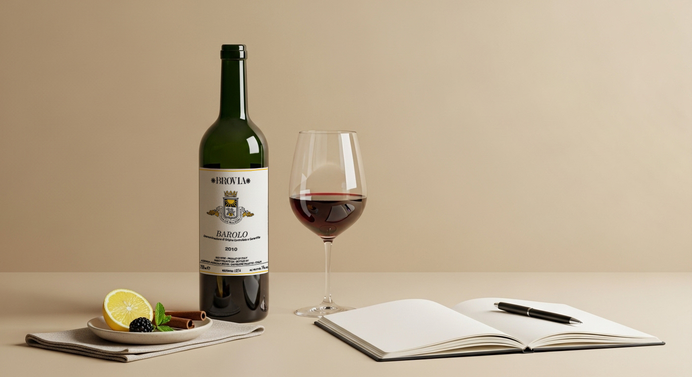 A low-angle photo of a wine tasting setup on a soft beige surface. A Burgundy-style wine bottle stands beside a Zalto-style glass filled with garnet red wine. To the left, a ceramic dish holds a lemon wedge, cinnamon stick, fresh mint, and a blackberry, resting on a beige napkin. On the right, an open notebook with blank pages lies next to a black pen, suggesting a calm, focused tasting environment.