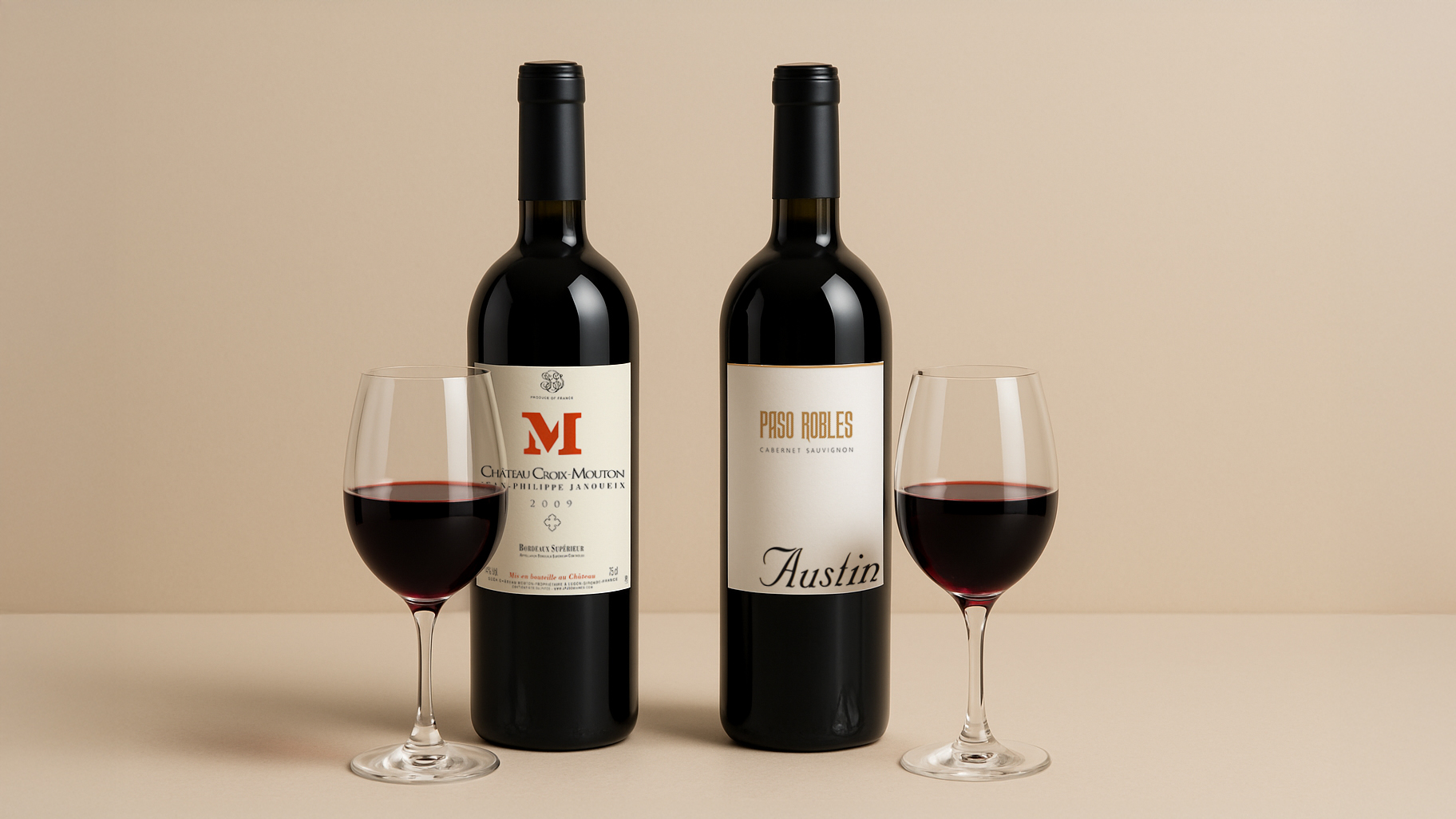 Two Bordeaux-style bottles of red wine stand side by side on a beige tabletop. In front of each bottle is a matching red wine glass filled to the same level, with subtle differences in wine color. The background is a smooth, neutral beige, and the lighting is soft and diffused, creating a high-end, editorial look.