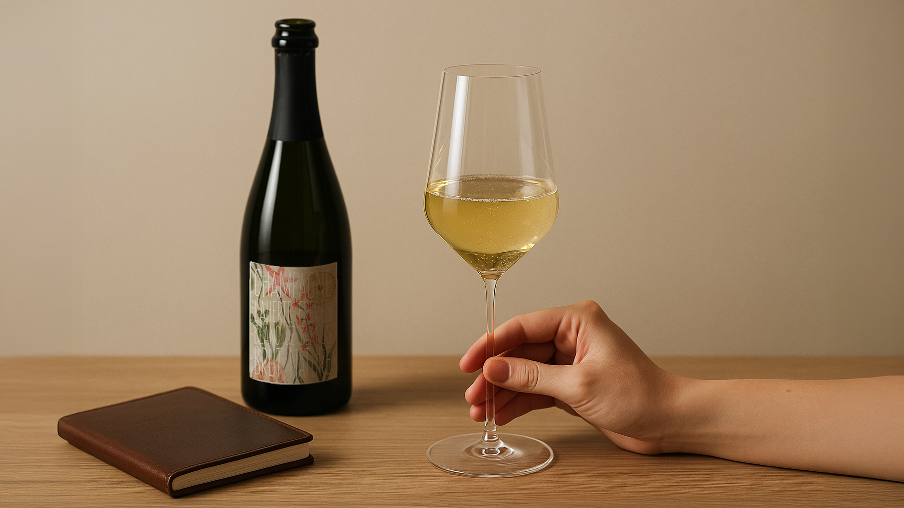 A low-angle editorial photograph shows a hand gently holding the stem of a Zalto champagne glass filled with golden sparkling wine. Next to it sits a champagne bottle and a closed leather-bound tasting notebook on a light wood surface. The neutral beige backdrop and soft studio lighting create a calm, refined atmosphere consistent with The Polished Palate aesthetic.