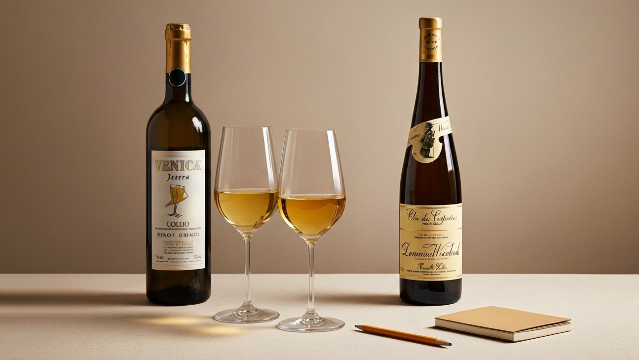 Two glasses of white wine sit side by side on a beige tabletop — the left a pale Italian Pinot Grigio, the right a deeper golden Alsatian Pinot Gris. Behind them, two bottles with cream labels stand upright, one from Italy and one from France. In the foreground, a small notebook and pencil rest neatly on the surface. The neutral lighting and precise arrangement create an analytical, minimalist mood that highlights the contrast between the wines’ colors and styles.