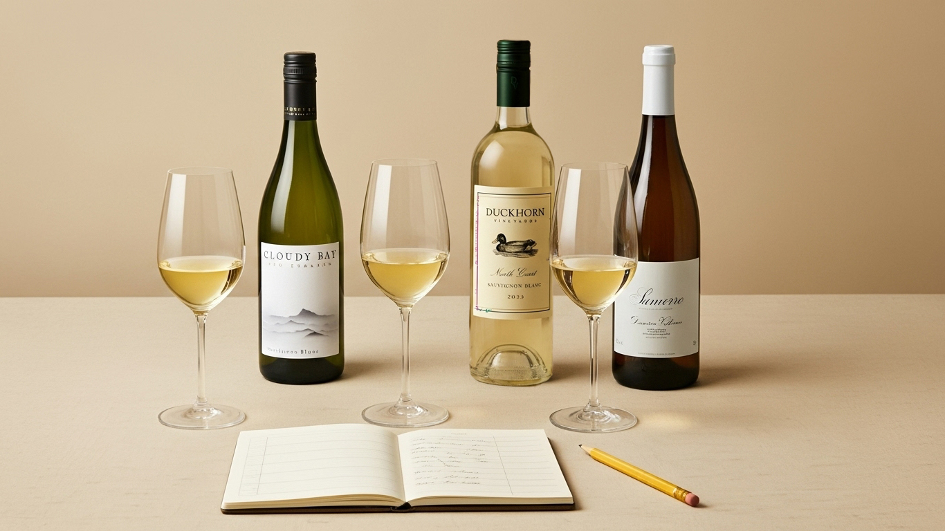 A minimalist tabletop still life featuring three wine glasses filled with pale white wine, three bottles behind them, and an open tasting notebook with a pencil resting neatly in front. Everything sits on a beige linen surface under soft directional studio light, evoking calm focus and structured tasting practice.