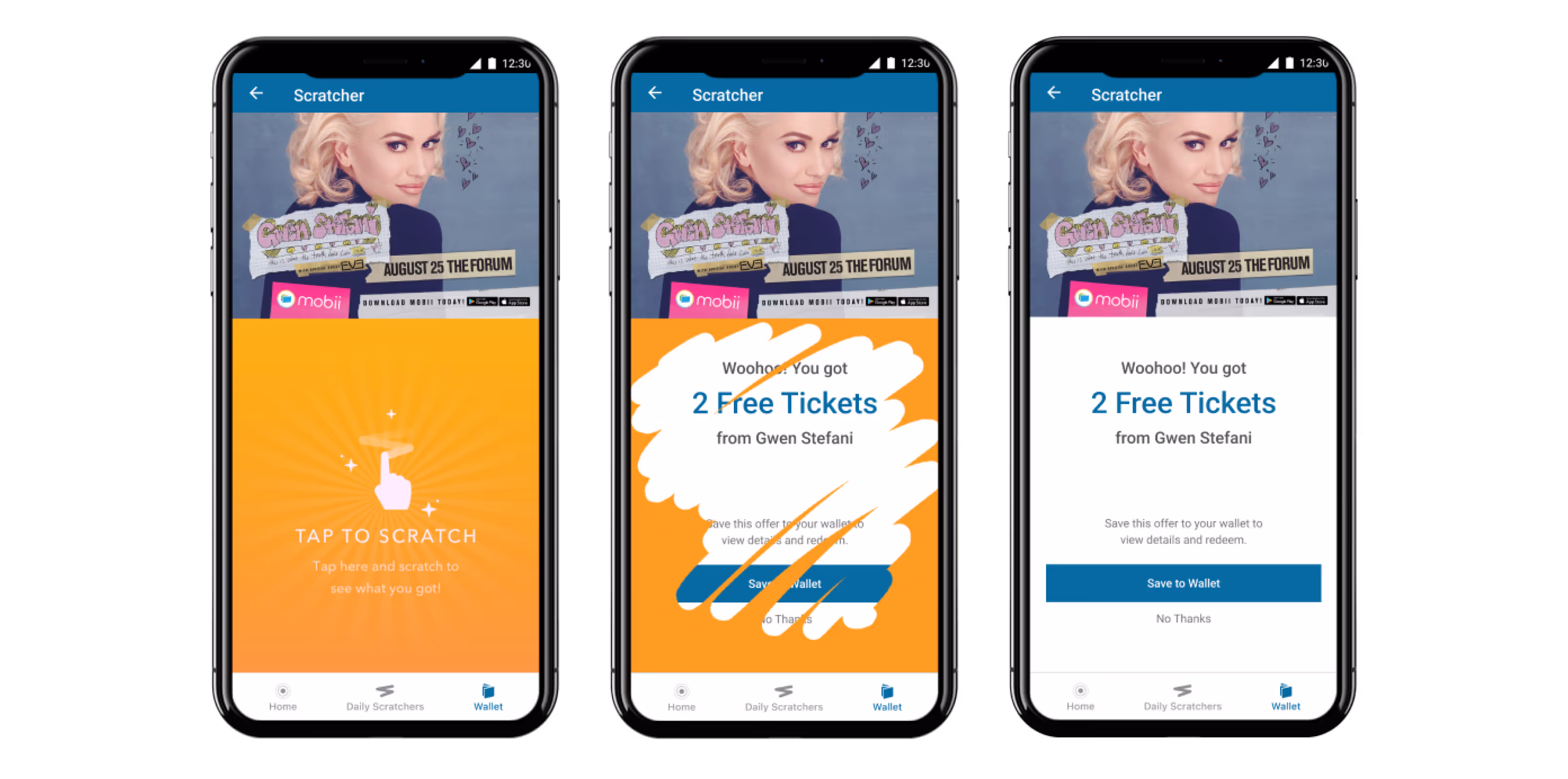 Gwen Stefani in-app content shown in devices with the three stages of an offer.