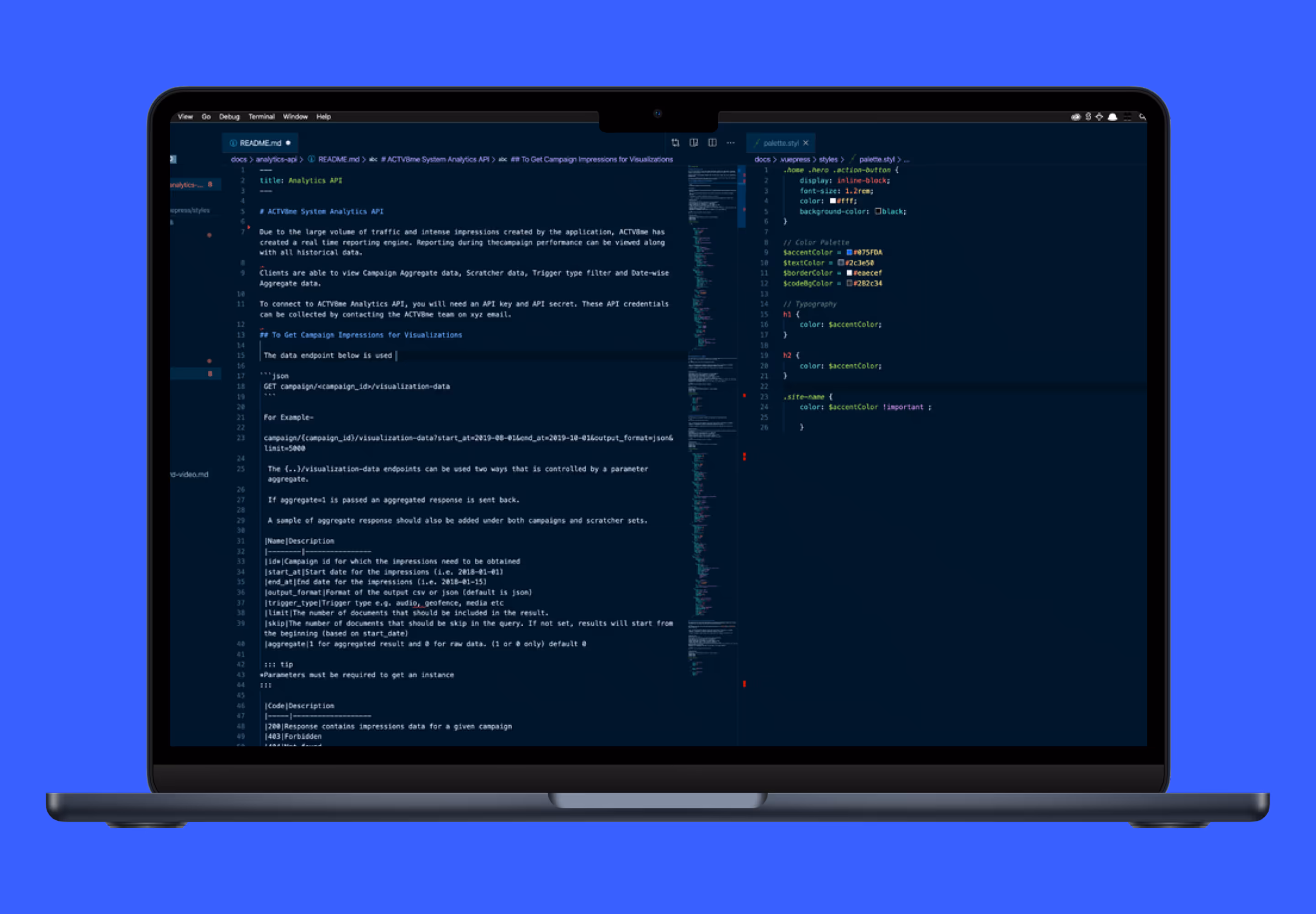 A view of documentation in Markdown with styles on the right.