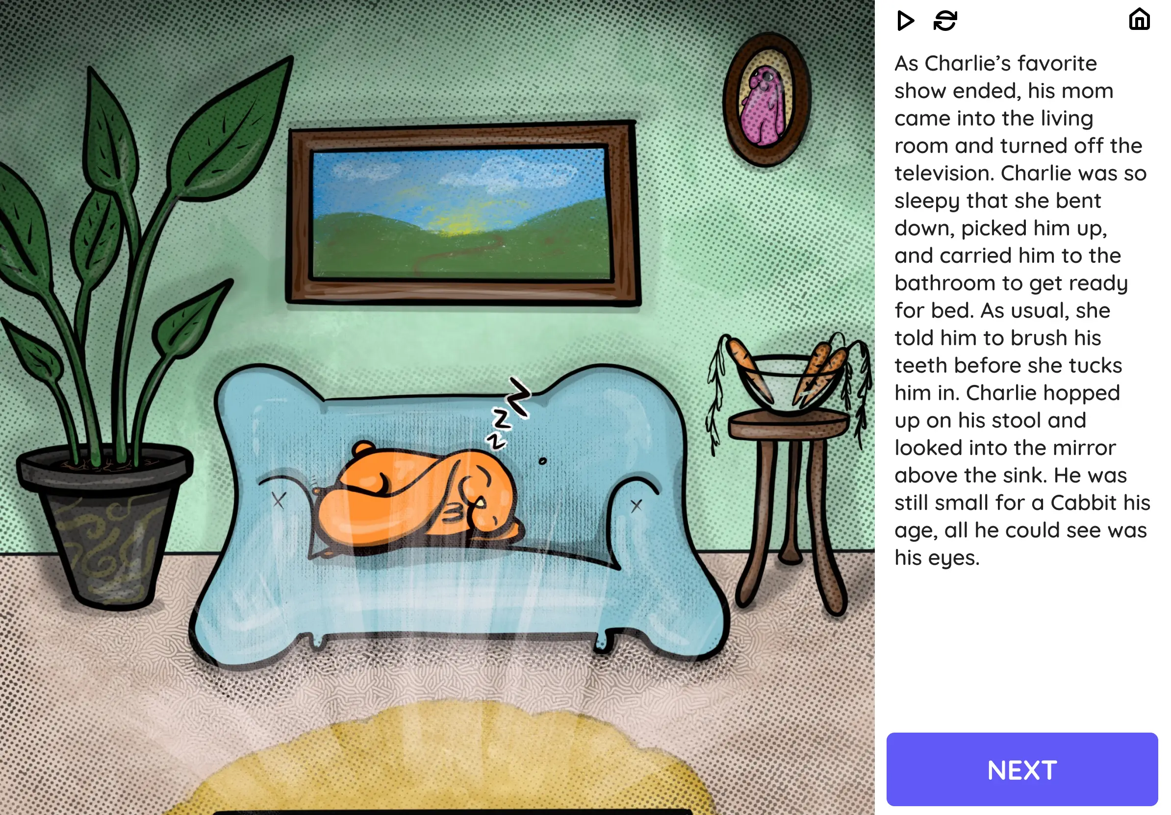 Orange dog sleeping curled up on a bone-shaped blue couch in a living room with a plant, a landscape painting, and a small table holding a bowl of carrots.