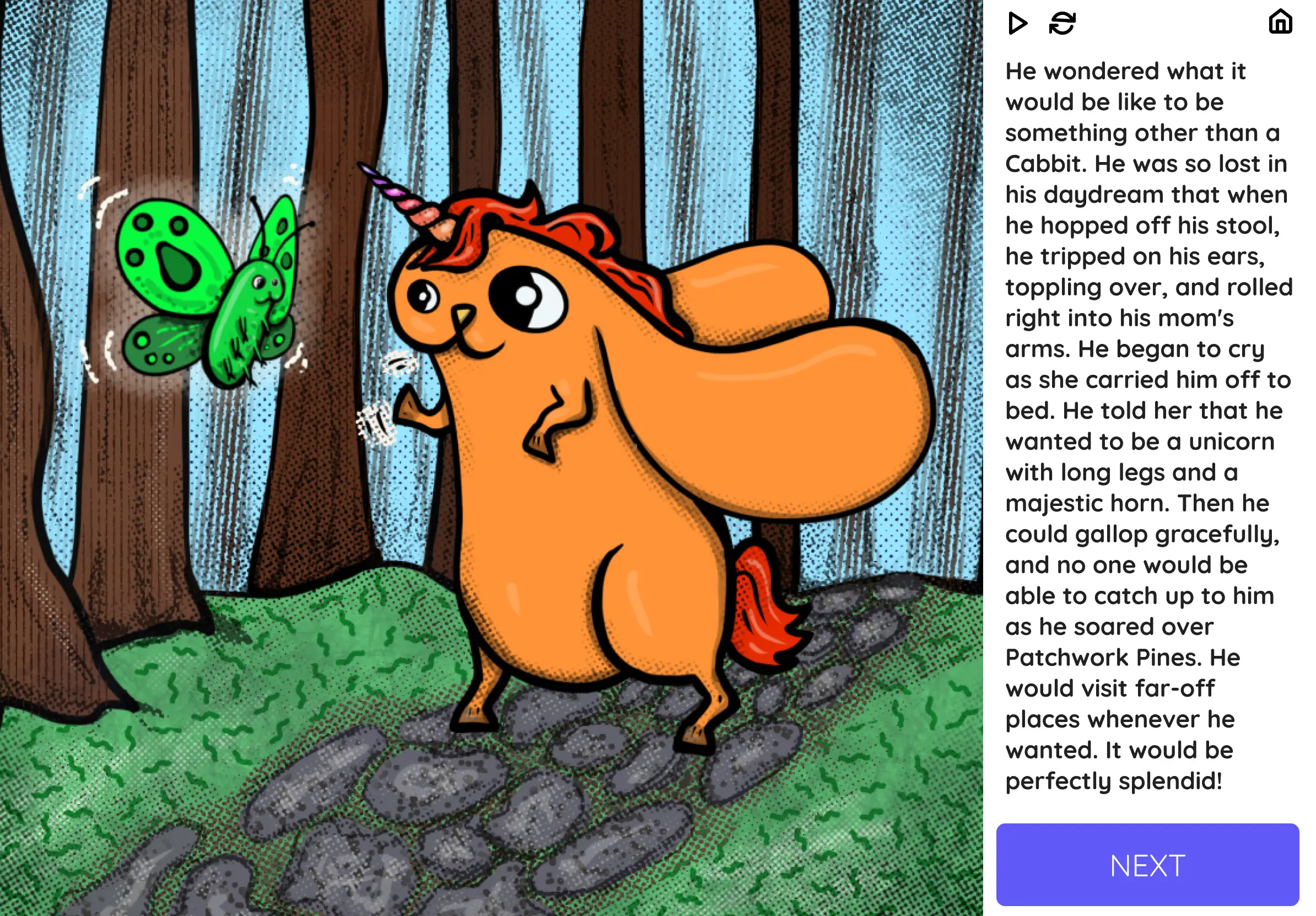 Orange cabbit with a unicorn horn imagines galloping with long legs in a forest while looking at a green butterfly.