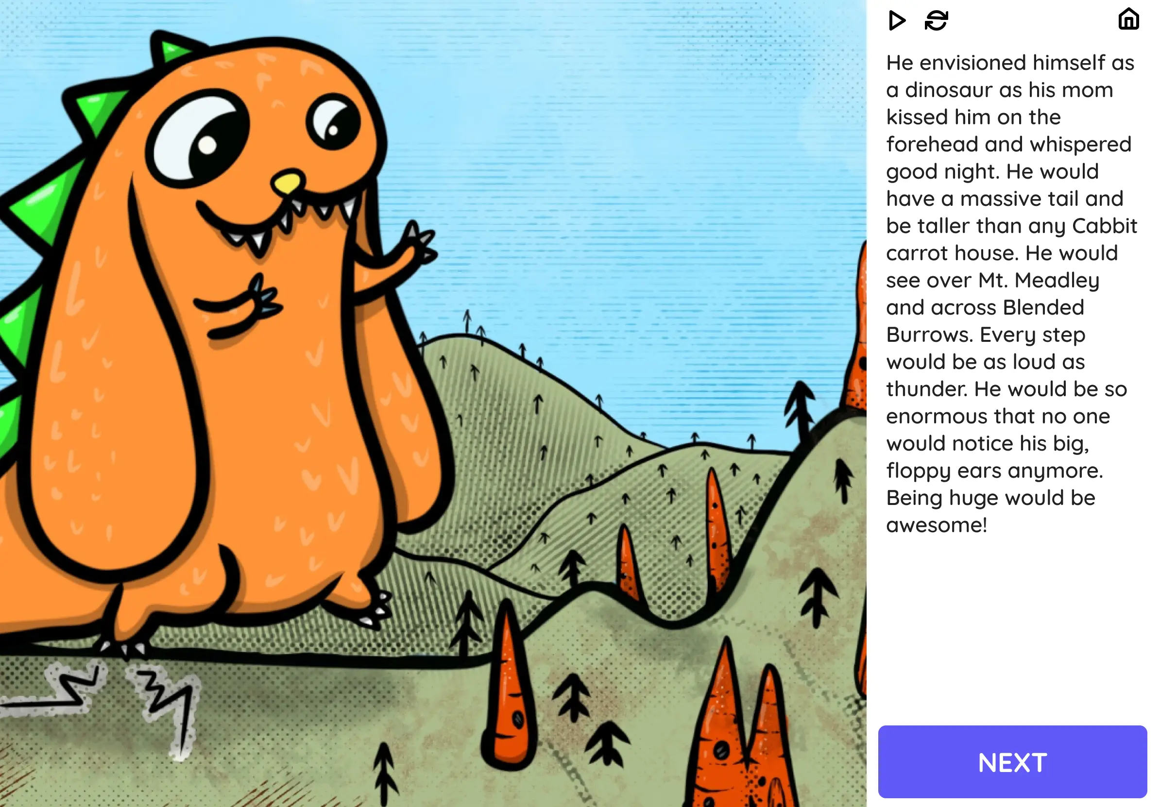 Illustration of an orange dinosaur with green spikes standing on a green hill with stylized trees and a blue sky.