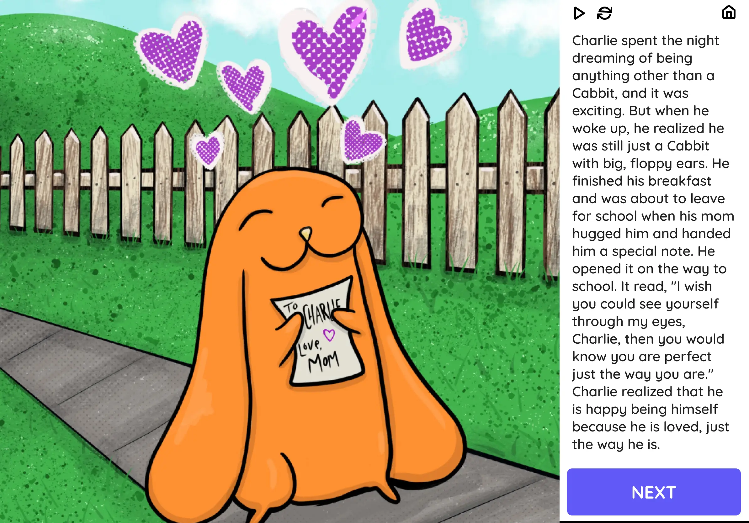 Orange cartoon character with floppy ears smiling and holding a note that says 'To Charlie, Love Mom' with purple hearts floating above, standing on a sidewalk by a wooden fence and grassy hills.