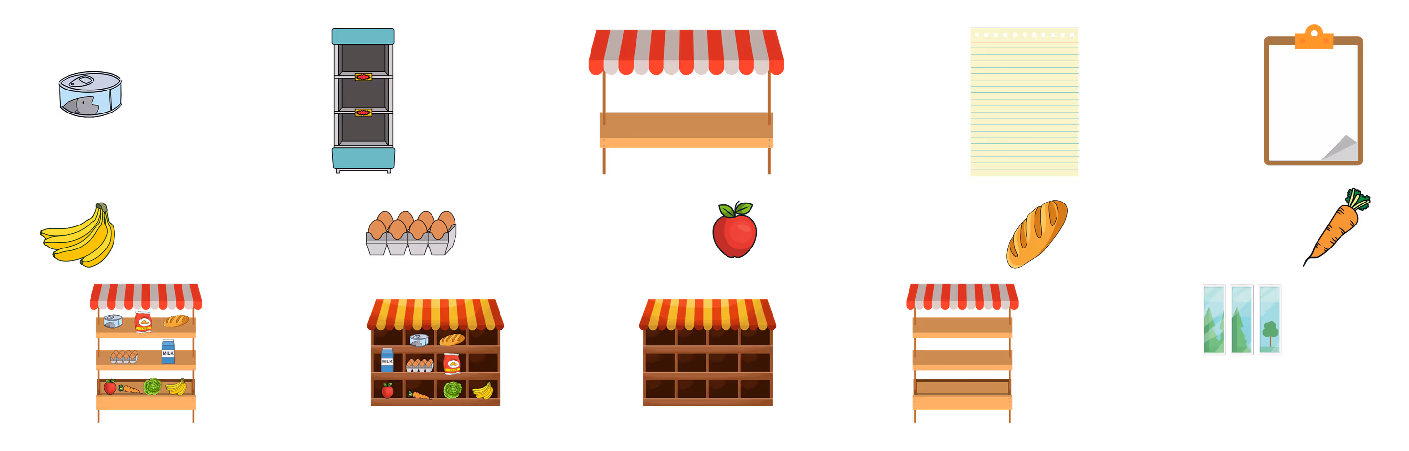 Illustrations of various market items including canned food, empty fridge, market stalls, notepad, clipboard, bananas, eggs, apple, bread, carrot, window panes, and shelves with and without groceries.
