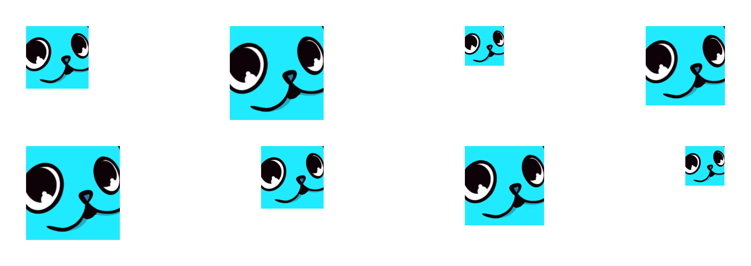 Pattern of multiple blue square icons featuring a cartoon cat face with large eyes and a small smile on a transparent background.