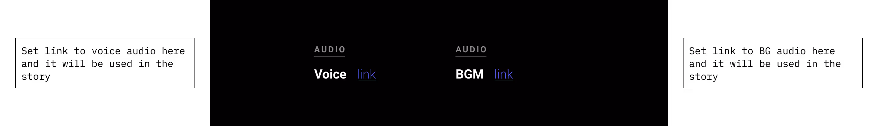 User interface section showing two audio options labeled Voice and BGM, each with a clickable link.