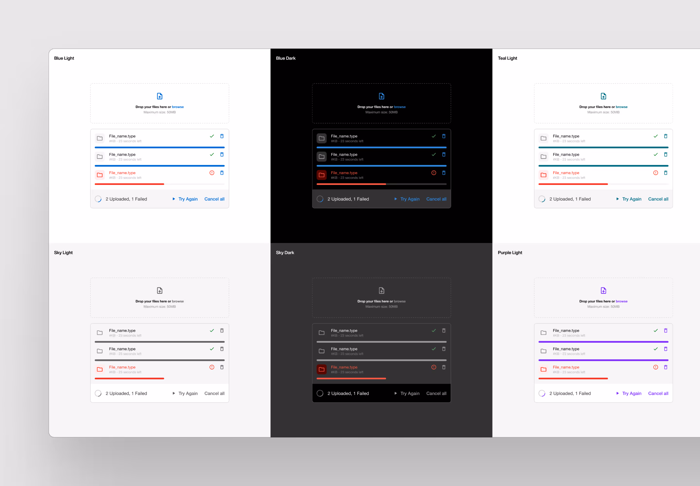 Six file upload interface variations labeled Blue Light, Blue Dark, Teal Light, Sky Light, Sky Dark, and Purple Light, each showing two files uploaded successfully and one red error file with options to try again or cancel.