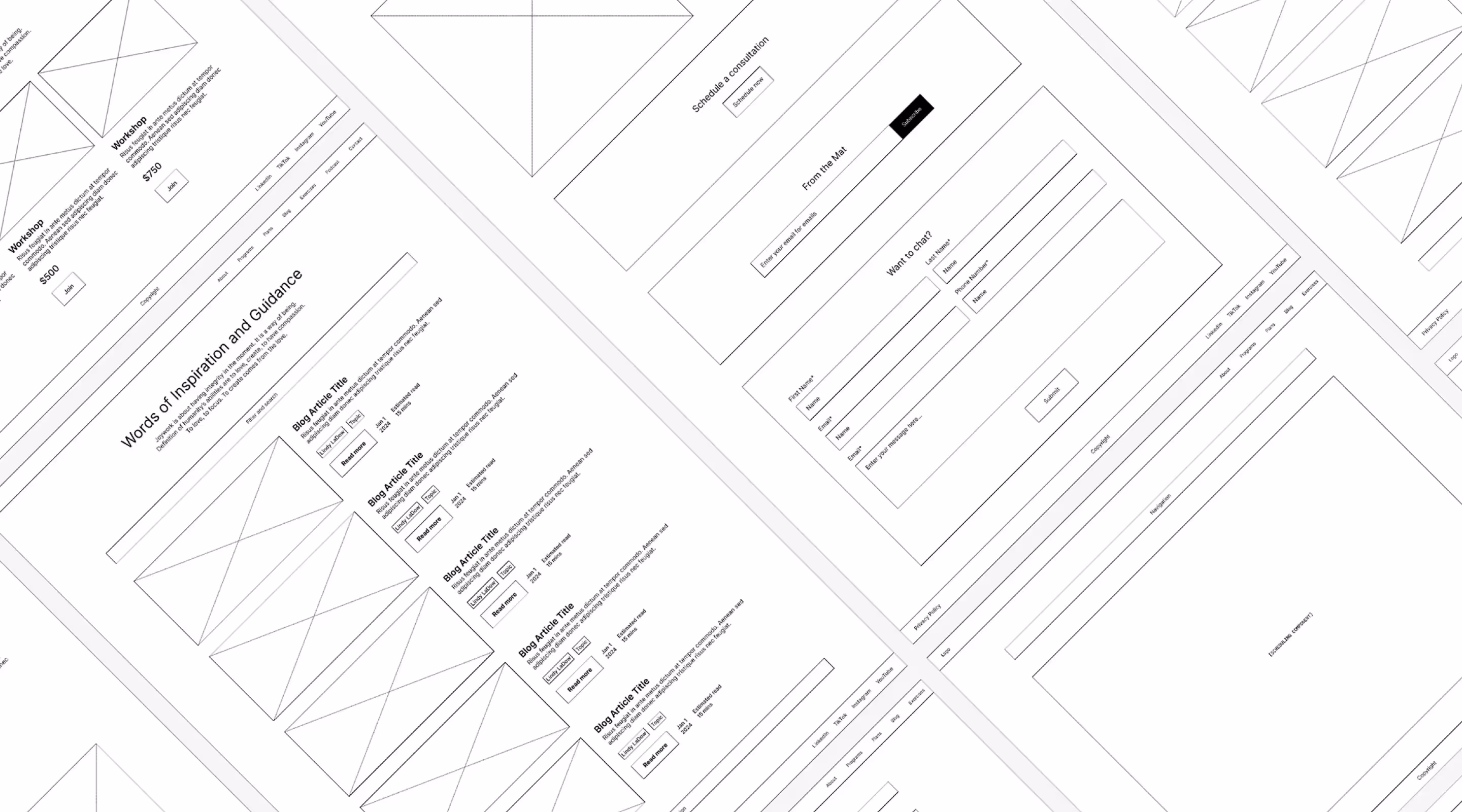 A close-up diagonal detailed view of the Coach Lindy LaDow website wireframes.