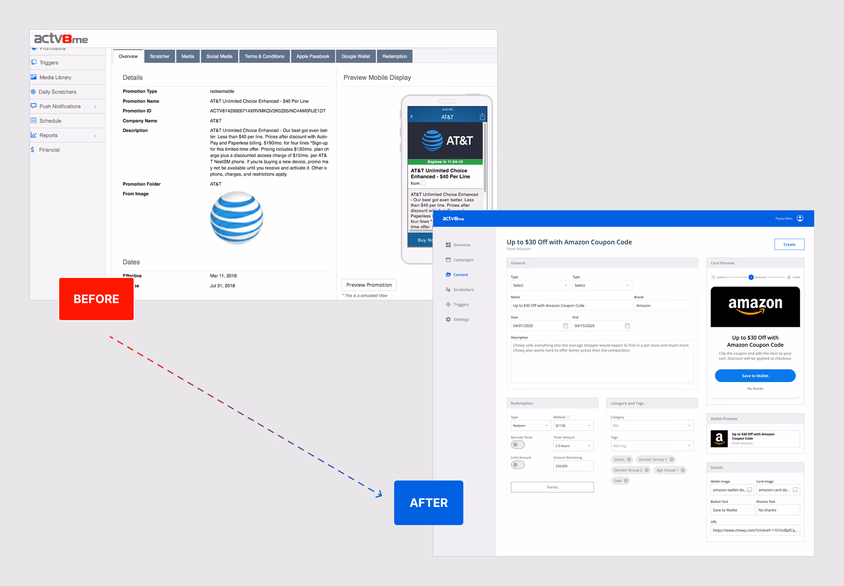 Before and after comparison of the ACTV8me dashboard content view.