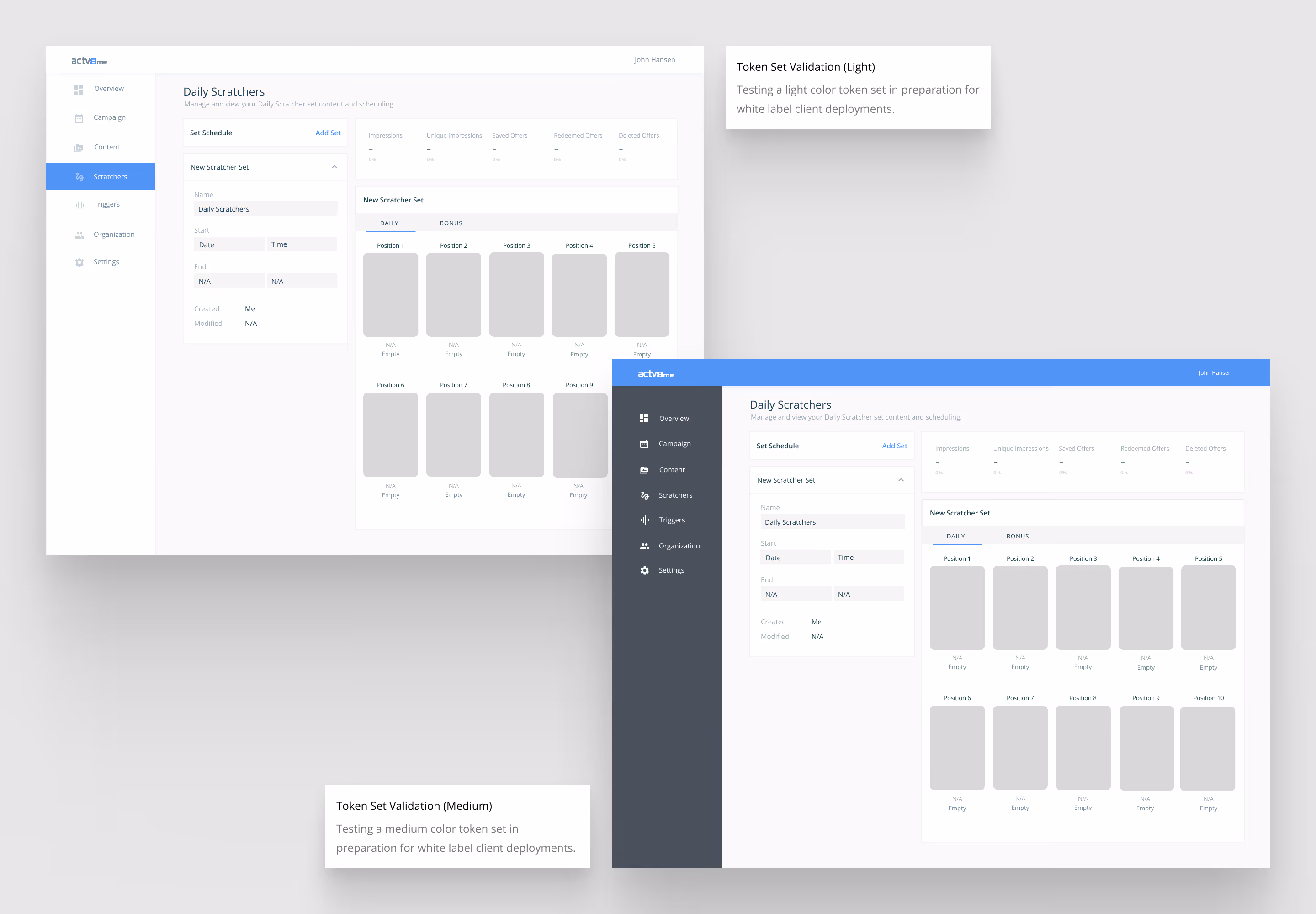 Views of different color token sets in preparation for white label partnerships.