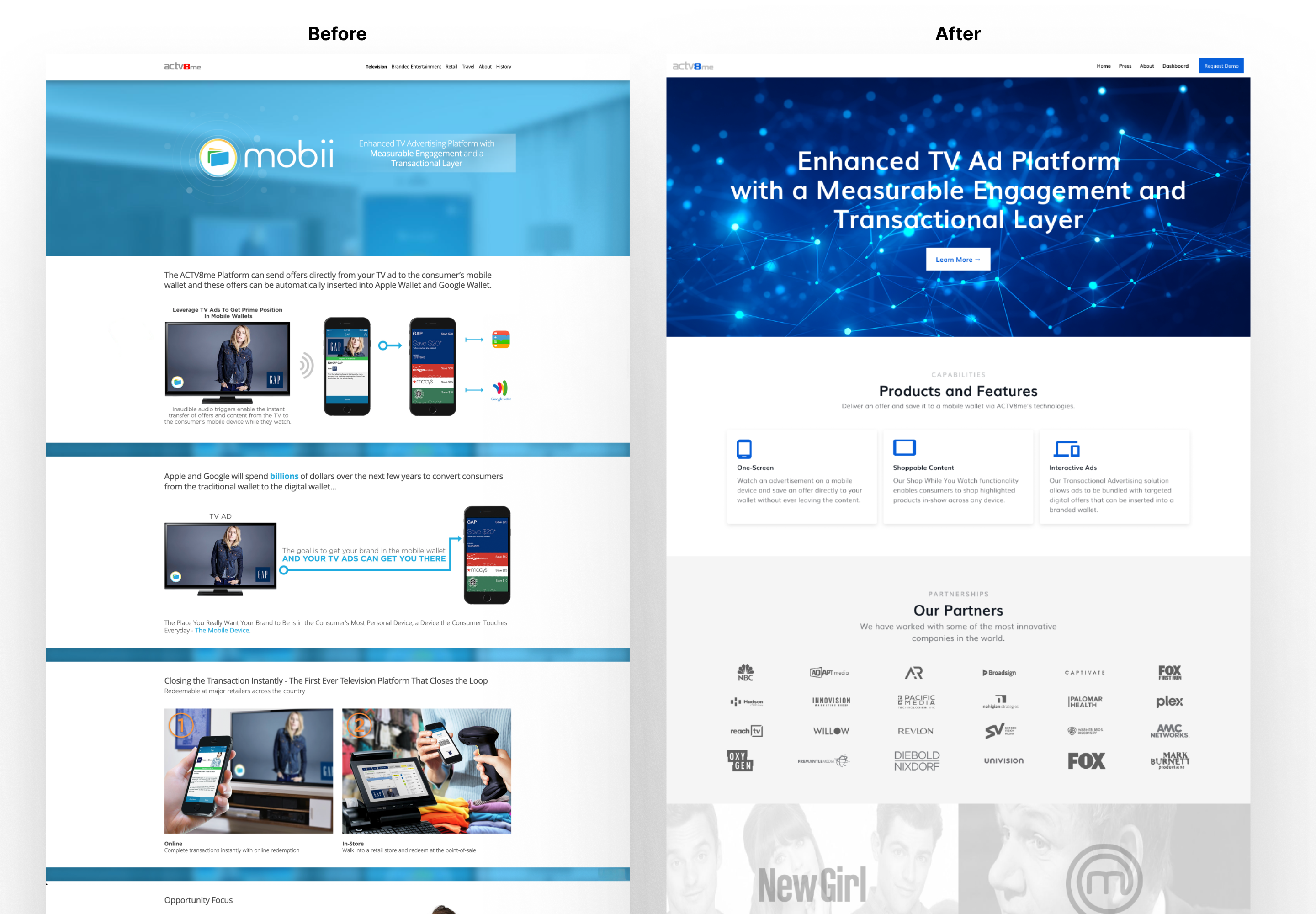 Wireframe and visual design of the ACTV8me corporate website homepage.