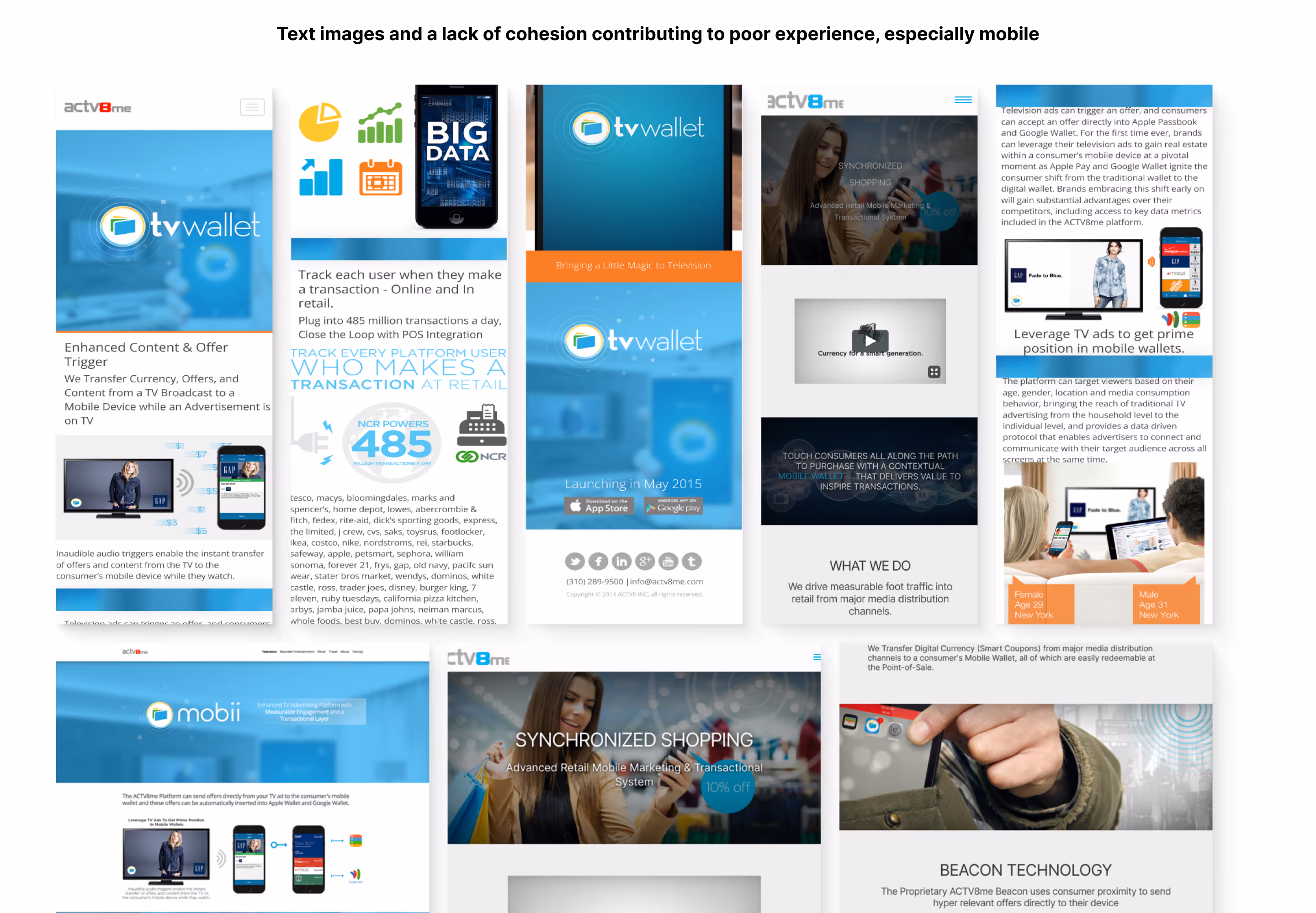 Wireframe and visual design of the ACTV8me corporate website homepage.