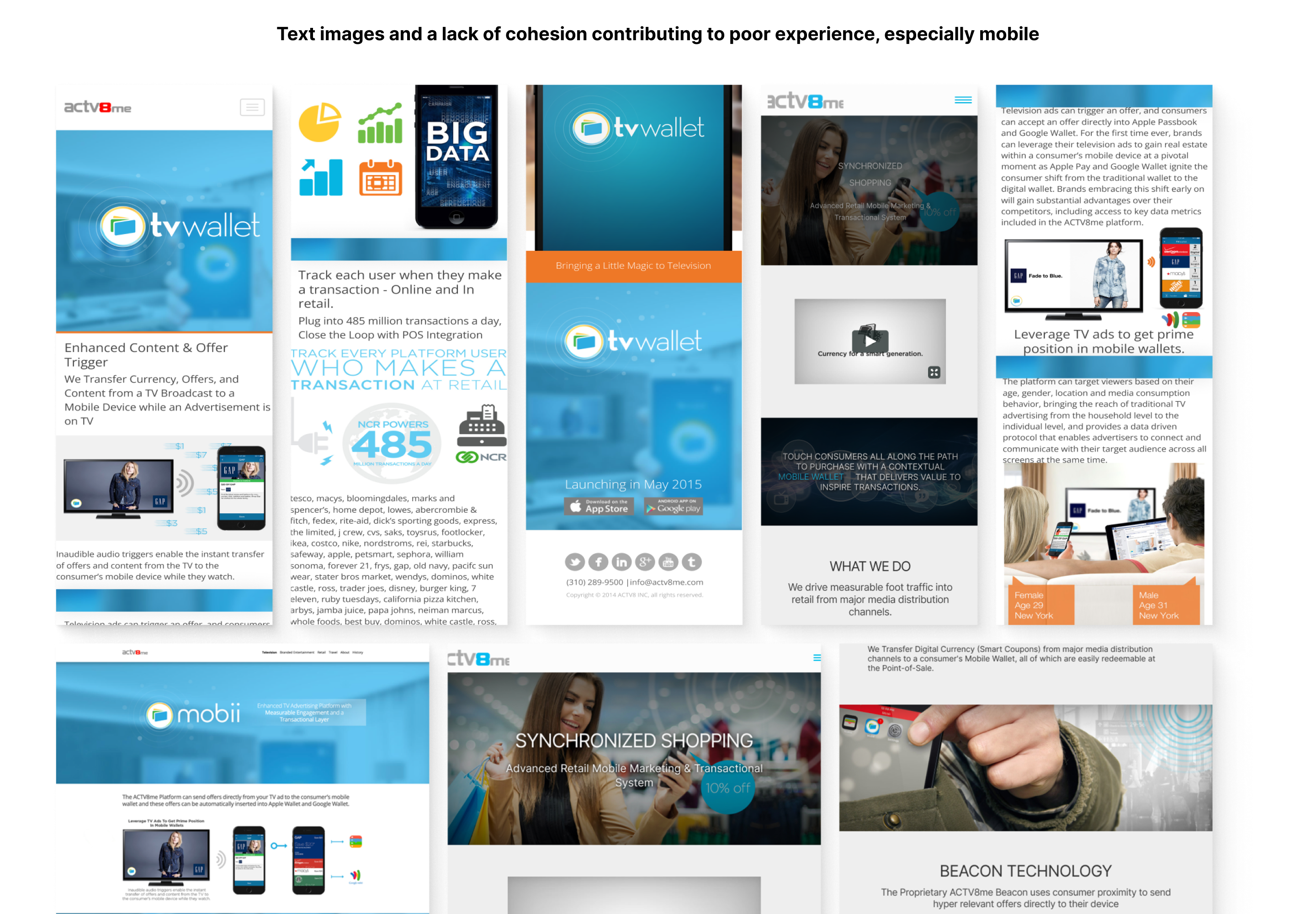 Wireframe and visual design of the ACTV8me corporate website homepage.