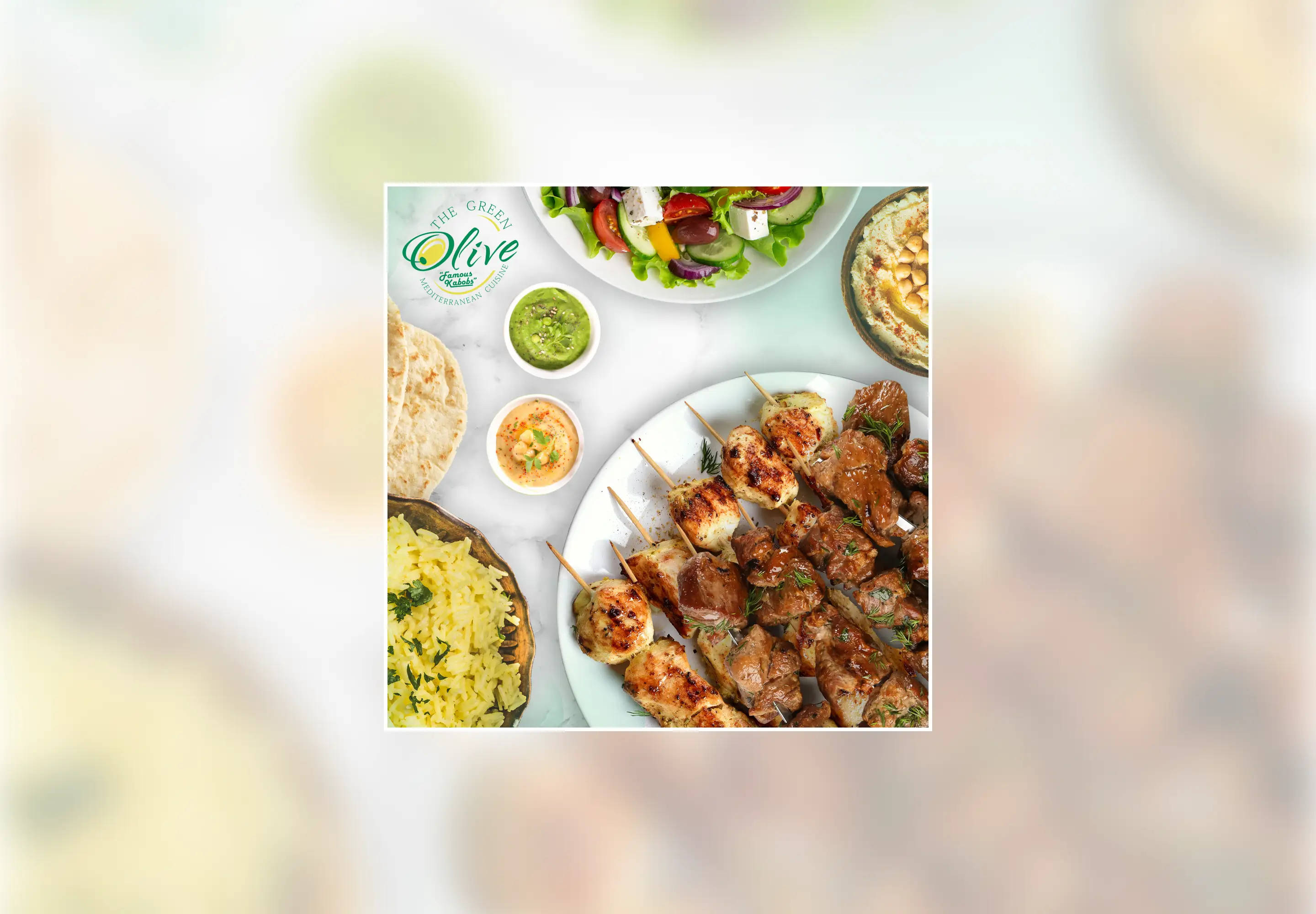 An image of kebob, salad, and Mediterranean sides generated based on brand.