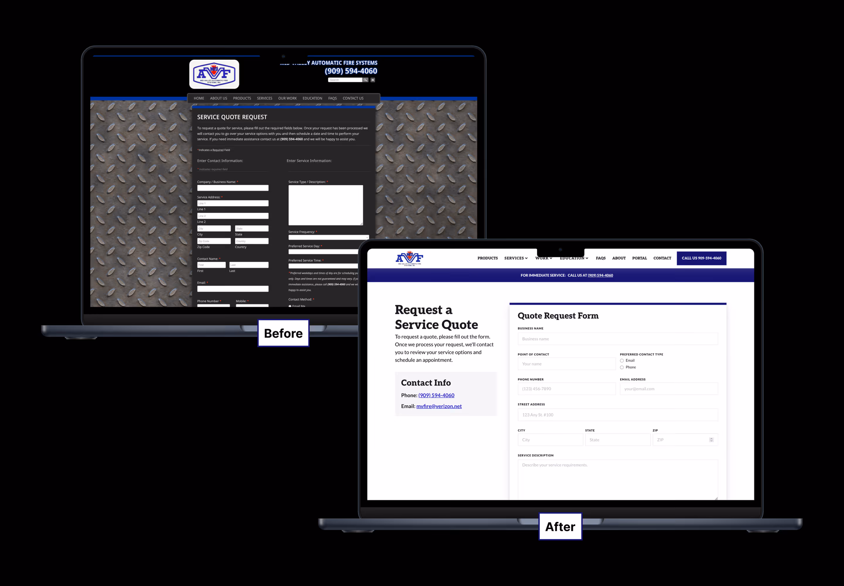 Before and after shots of the Mid-Valley Automatic Fire Systems website.