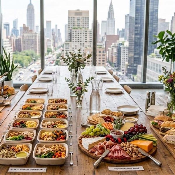Individually portioned grain bowls from Metro Catering, plated and ready for a weekly office lunch order in a Midtown conference room.