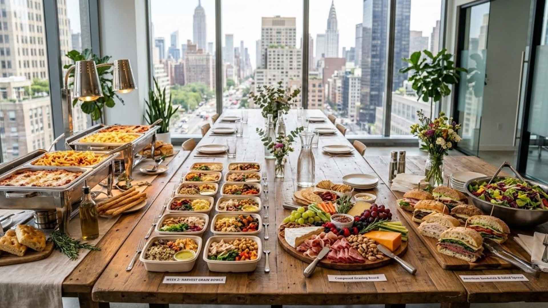 Individually portioned grain bowls from Metro Catering, plated and ready for a weekly office lunch order in a Midtown conference room.