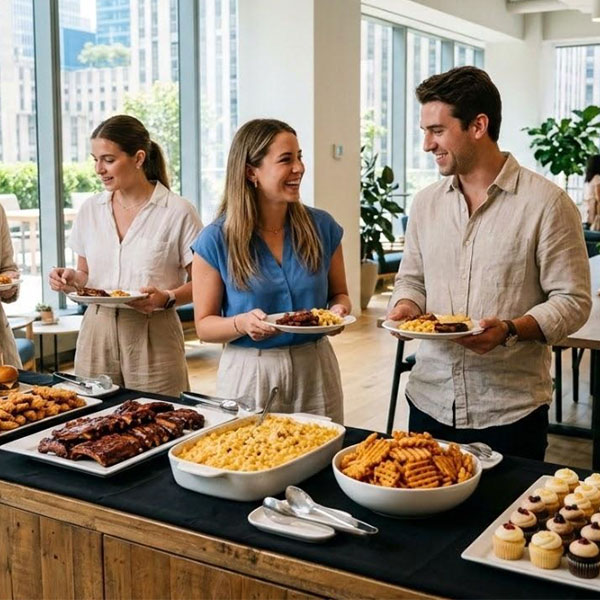 Group of coworkers serving themselves from a summer corporate catering buffet with sliders, chicken tenders, ribs, mac and cheese, waffle fries, and mini desserts in a modern office dining space.
