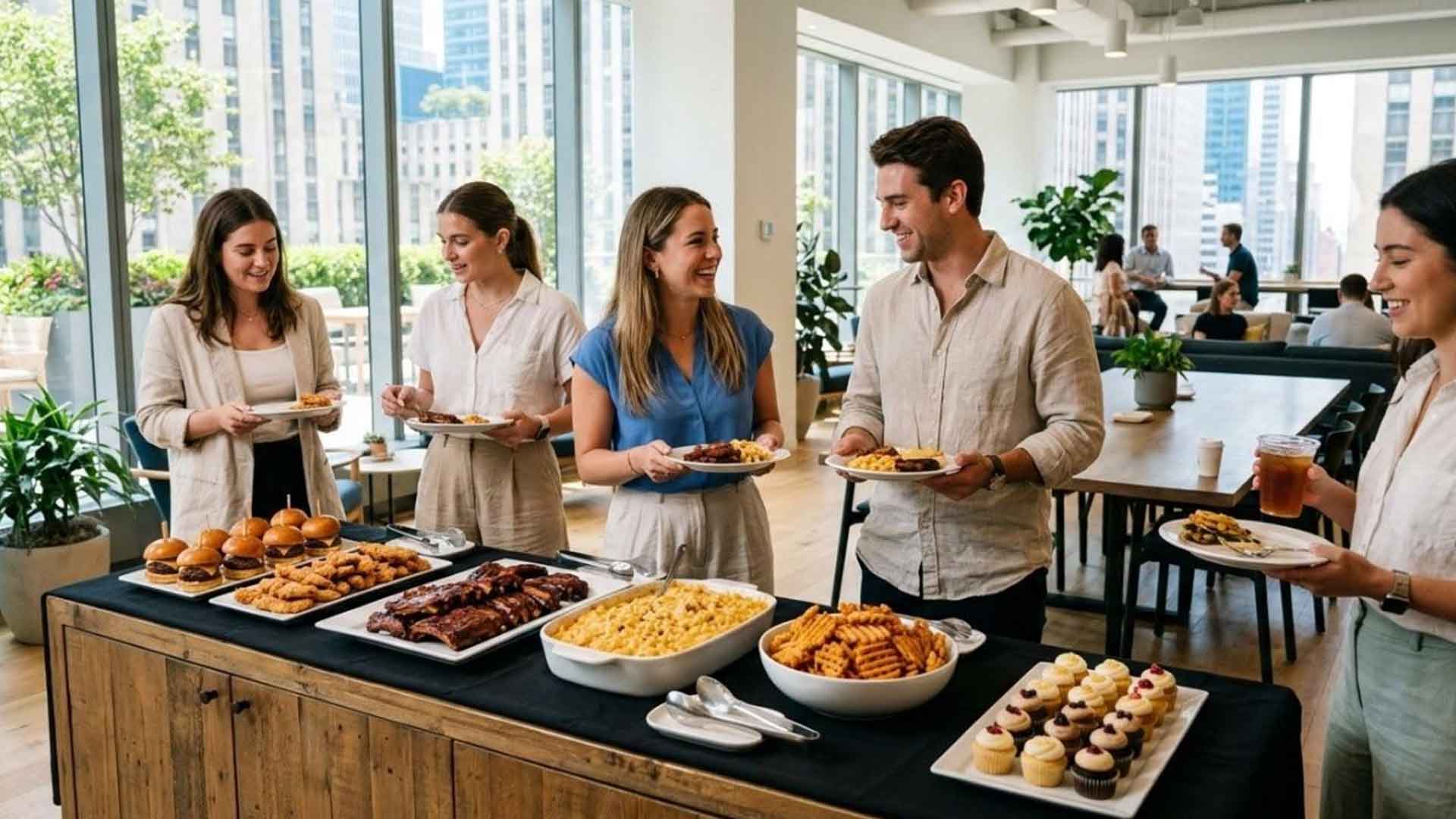 A summer office catering spread brings coworkers together for a casual buffet lunch in a modern corporate setting.