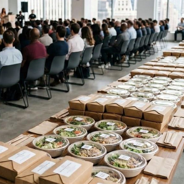 Individually packaged catered lunches lined up on a pickup table at the back of an office all-hands meeting.