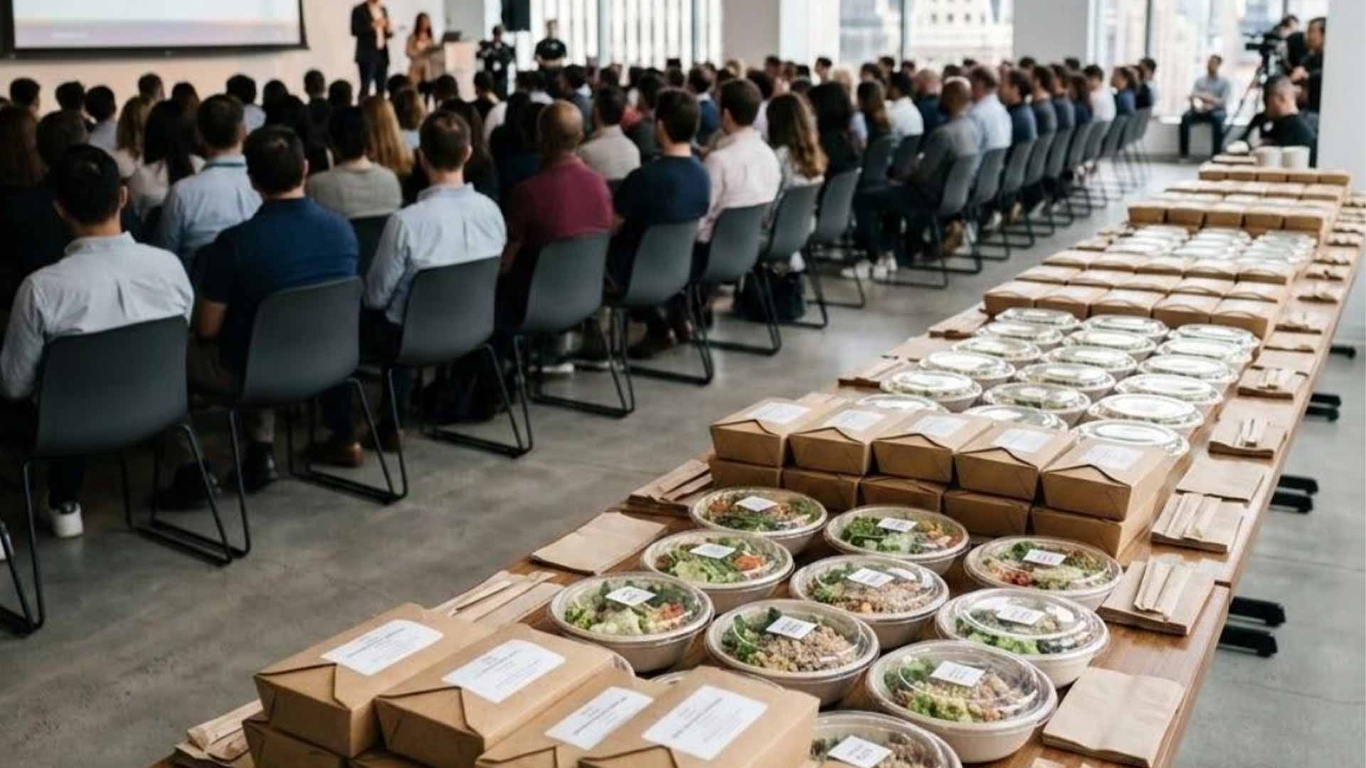 A corporate presentation is underway in a modern conference room, with attendees seated in rows while boxed lunches, salad bowls, utensils, and napkins are neatly arranged on long tables for the event.