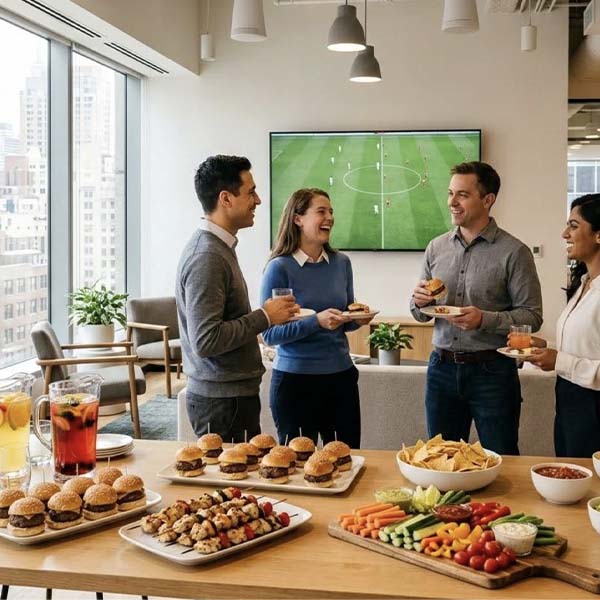 Coworkers gather around a catered spread of finger foods and colorful drinks in a sunlit office lounge, a soccer match playing on a screen in the background during an office World Cup watch party.