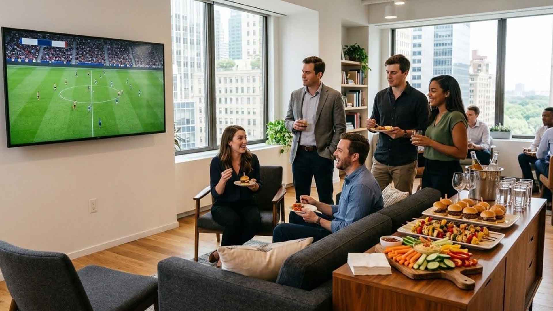 Office colleagues enjoy catered bites and drinks while watching a World Cup soccer match in a modern lounge with city views