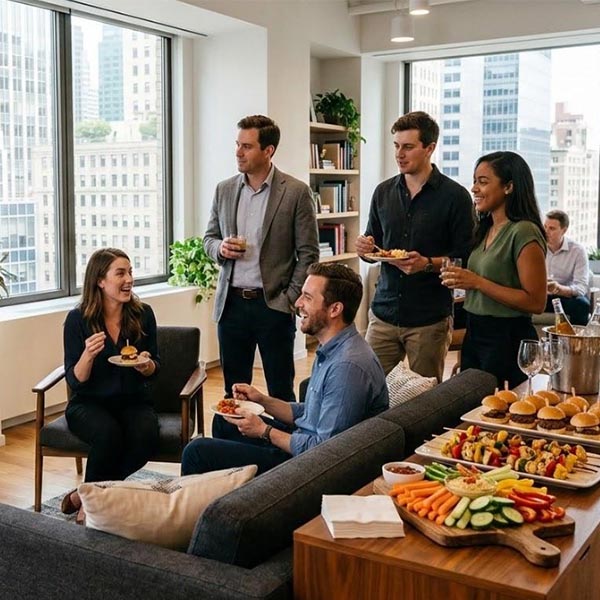 Office colleagues gathered around a large screen for a soccer watch event, with a table of shareable catered bites and drinks in a Midtown workspace.