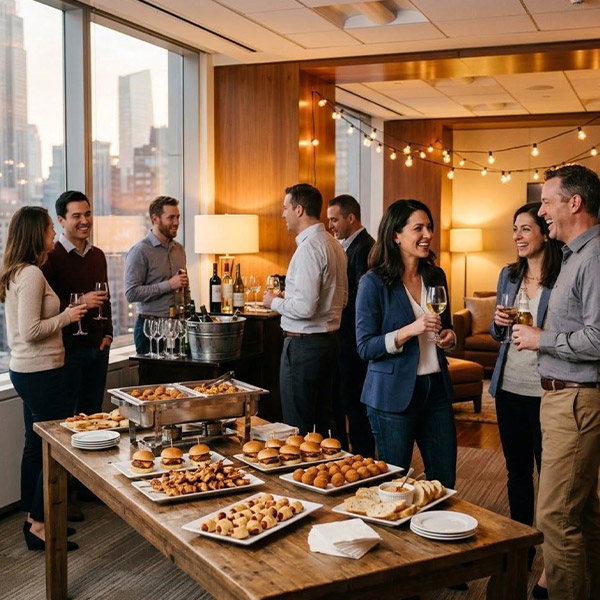 Colleagues gathered around a hors d'oeuvres display at an indoor office happy hour with warm lighting and a city view through the windows.