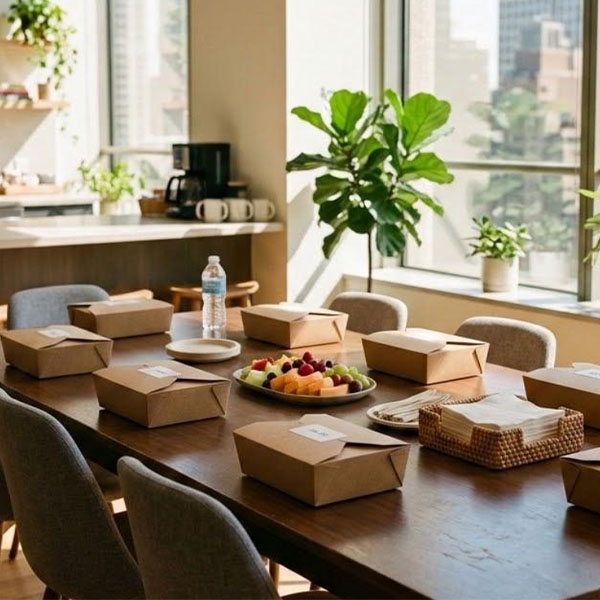 A small catered lunch spread of individually boxed lunches on a table in a sunlit office break room with several empty chairs, representing a scaled-down recurring lunch order for a lower summer headcount.