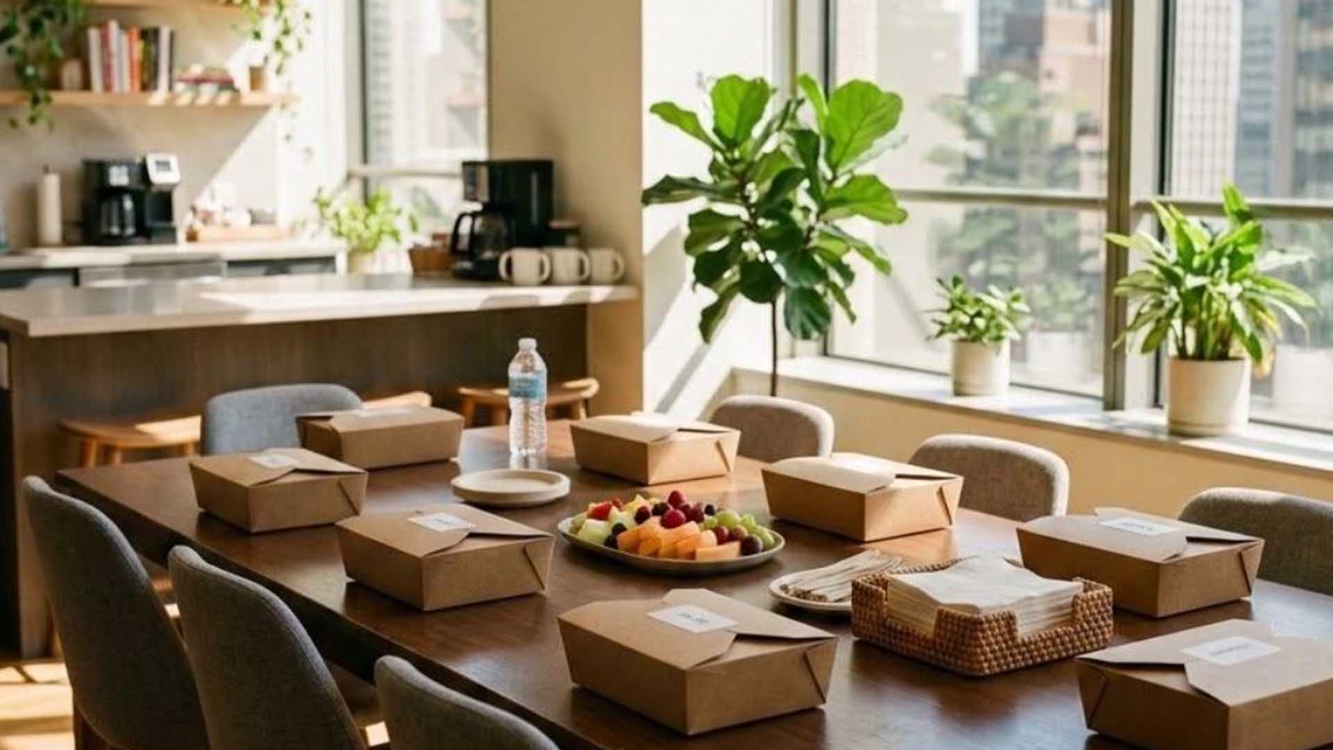A conference room table is set with individual boxed lunches, a fruit platter, napkins, and water, ready for an office team meal in a bright, modern workspace.