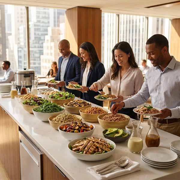 Employees back in the office building plates from a catered salad and grain bowl lunch spread