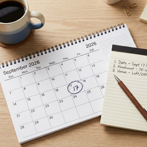 Overhead view of a desk calendar with a date circled, next to a notepad and a cup of coffee, representing planning ahead for a fall corporate event