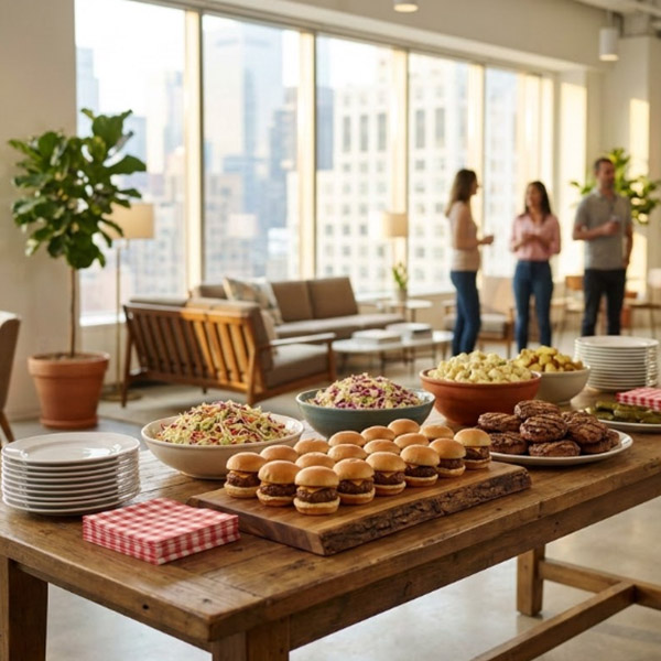 Summer BBQ catering with sliders and burgers set up in an office lounge for a company welcome-back event