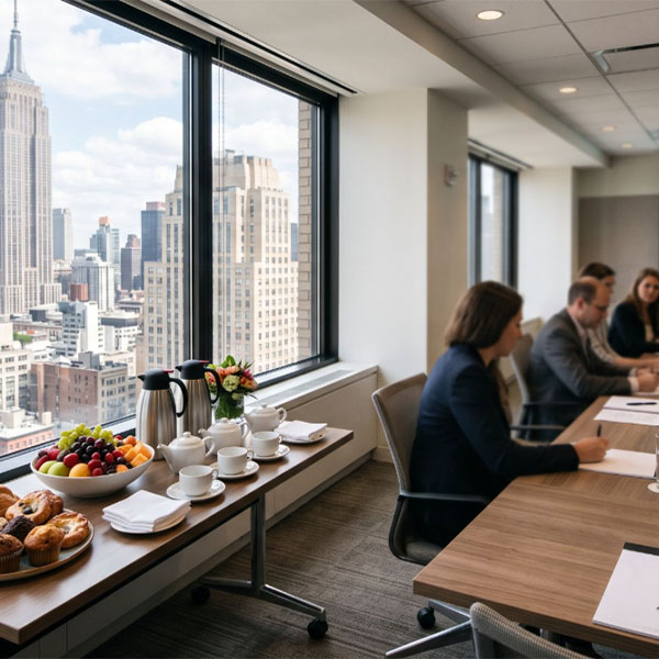 Conference room breakfast setup with coffee and pastries for an all-day office training