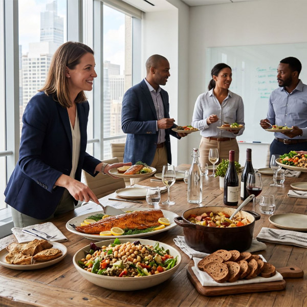 Conference room table with salmon, quinoa and chickpea salad, and sausage stew set out for an early-fall office lunch