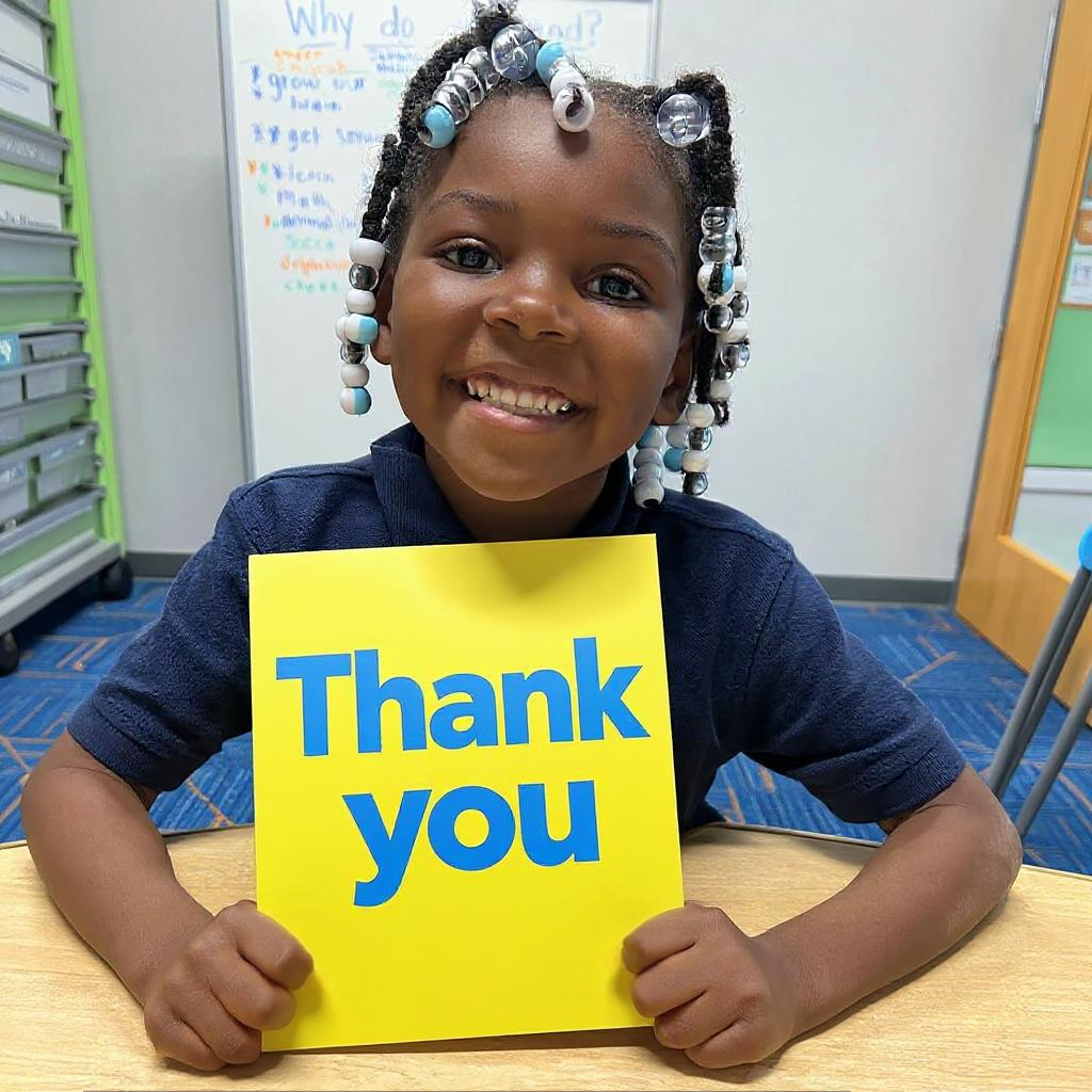 Smiling girl holding a yellow sign with blue text that says "Thank you" in a classroom.