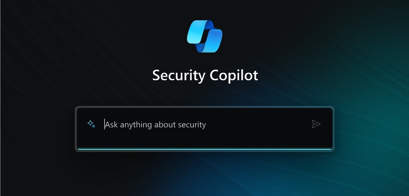 Interface moderna do Security Copilot, assistente de cibersegurança da Microsoft. Design minimalista com fundo escuro, logotipo azul estilizado e caixa de entrada iluminada para consultas sobre segurança digital. Ideal para destacar soluções de proteção, inteligência contra ameaças e automação em segurança da informação