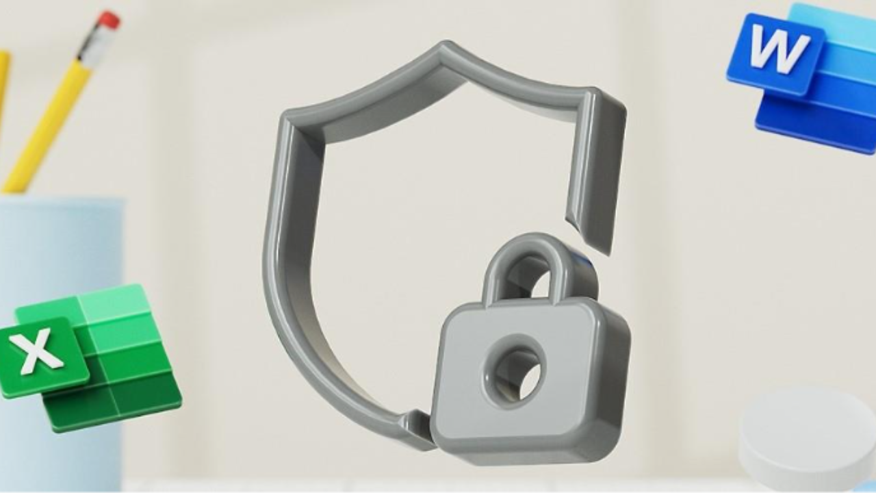 Ícone de escudo com cadeado representando proteção de dados com Microsoft Information Protection P2, integrado ao Microsoft Word e Excel
