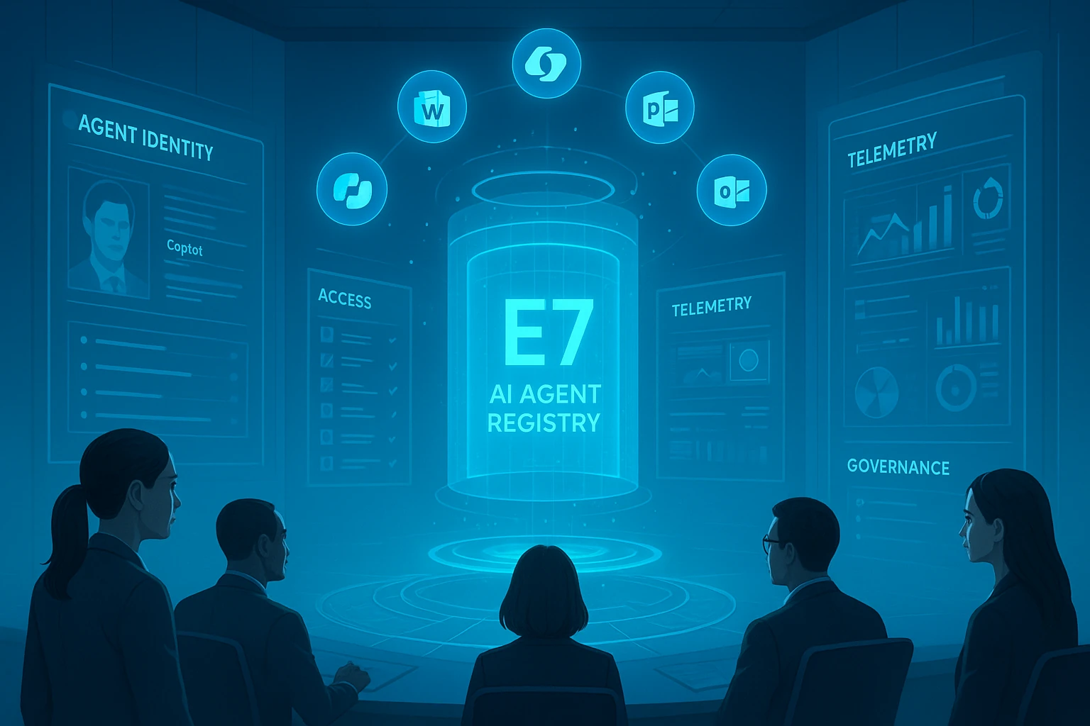 No centro, há um cilindro holográfico iluminado com o texto "E7 AI AGENT REGISTRY". Acima dele, orbitam ícones de aplicativos conhecidos (como Microsoft Word, PowerPoint e Outlook), sugerindo que este sistema integra e gerencia agentes de IA que operam dentro dessas ferramentas de produtividade.