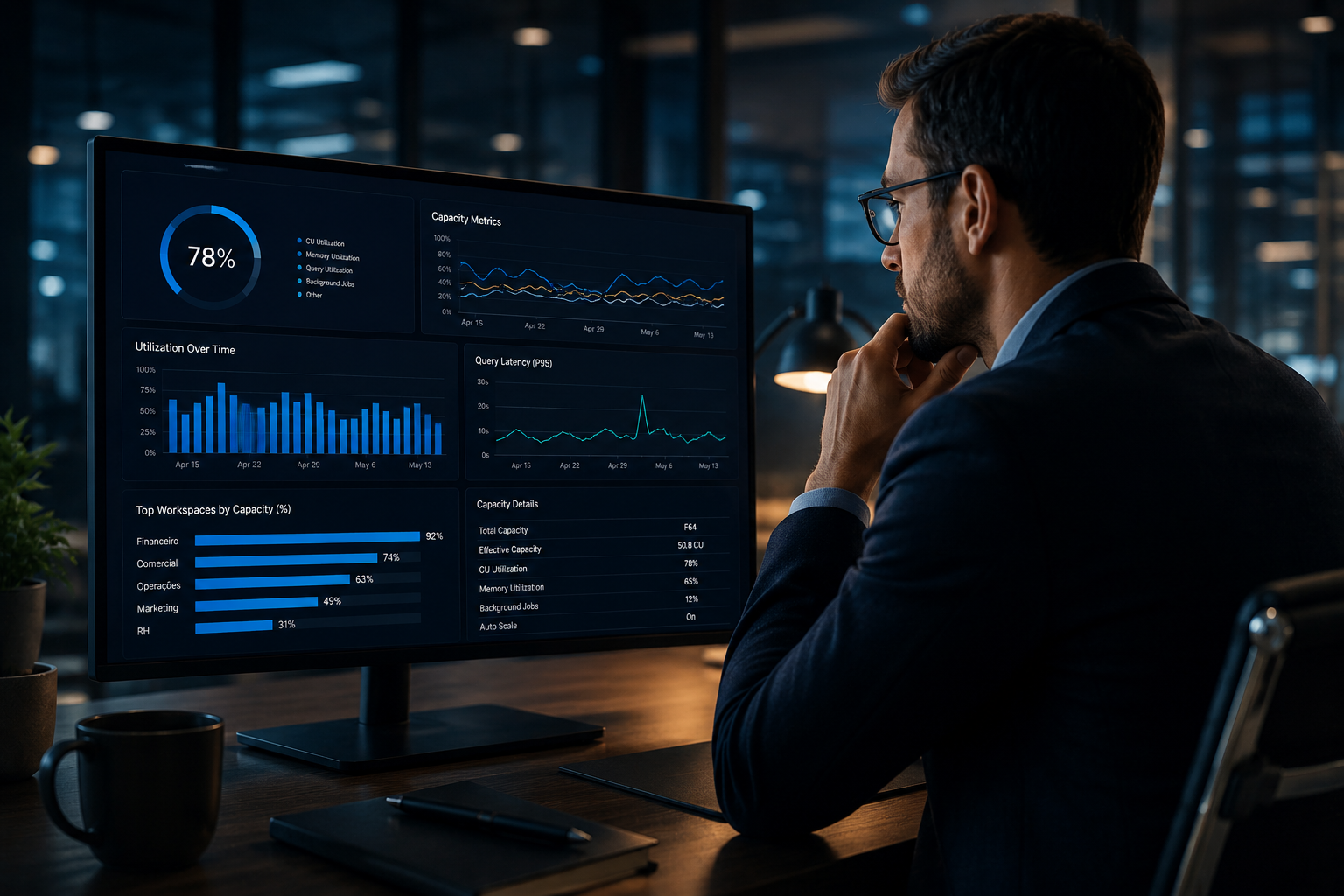 Executivo analisando dashboards de capacidade do Microsoft Fabric em ambiente corporativo para monitoramento de desempenho e planejamento de upgrade da plataforma.