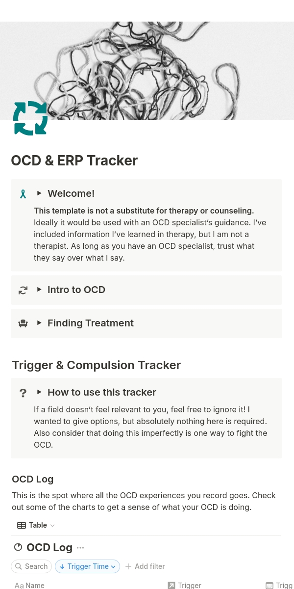 Mobile version of a Notion template to track OCD and ERP