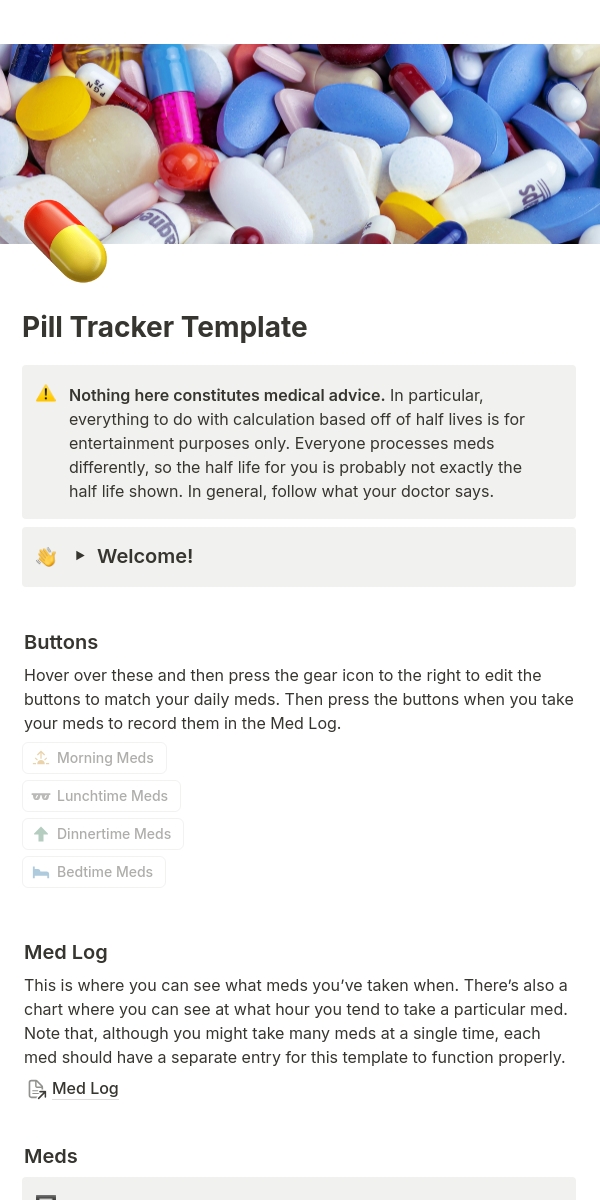 Mobile version of a Notion pill tracker template