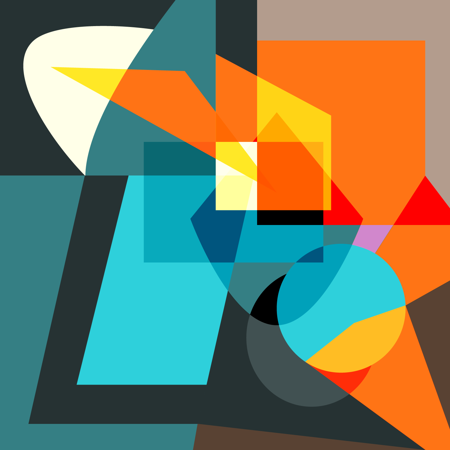 Quadrants of dynamic blue and orange shapes overlaid on top of each other with blending modes, with the eye launched from calm stable blue in the bottom left to energetic orange in the top right.